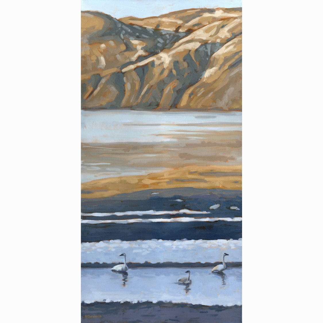 A vertical landscape painting featuring a mountain range, a calm body of water, and three swans swimming in the foreground, shown against a white background.