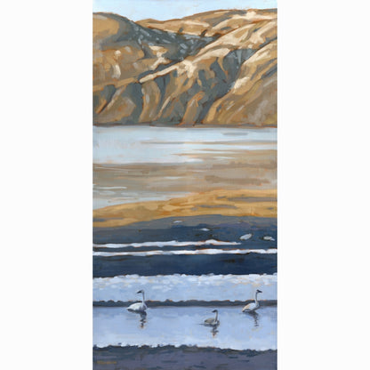 A vertical landscape painting featuring a mountain range, a calm body of water, and three swans swimming in the foreground, shown against a white background.