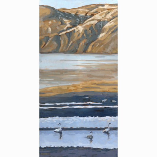 A vertical landscape painting featuring a mountain range, a calm body of water, and three swans swimming in the foreground, shown against a white background.