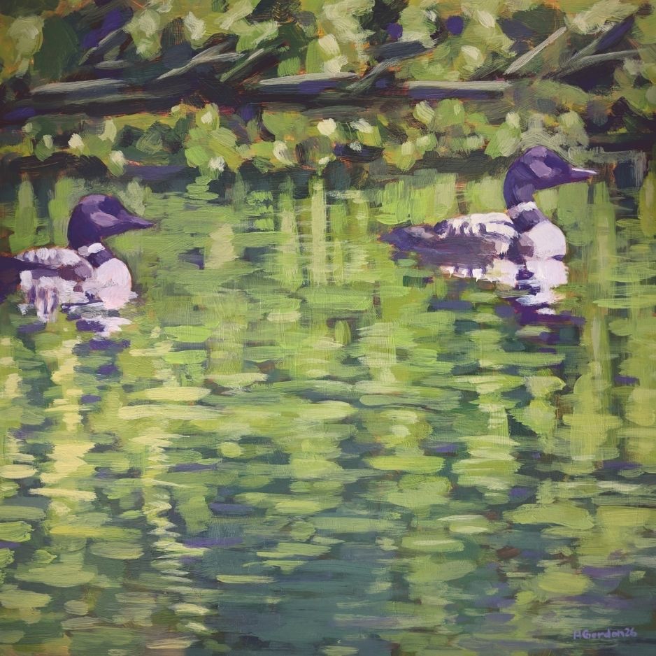 An impressionistic painting of two loons floating on green water with leafy trees above, rendered in textured brushstrokes of green, purple, yellow, and white.